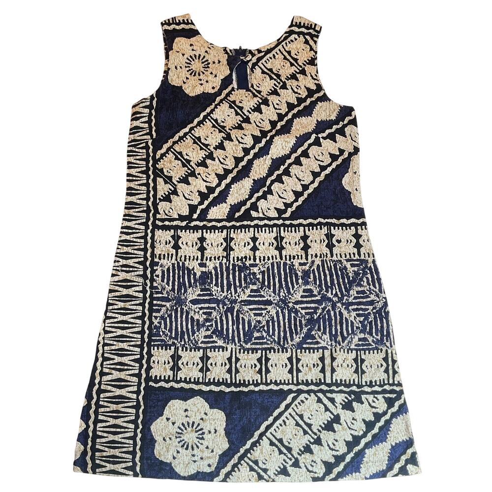 VINTAGE Hilo Hattie Women Dress 10 Navy Geometric Shift Sleeveless Knee Length